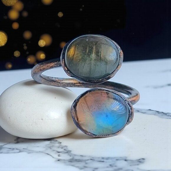 Bohoβ Vintage Labradorite Ring Adjustable Open Wrap Handmade Copper Finish - Picture 5 of 12